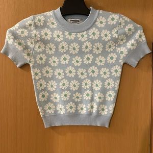 RSQ Women’s Floral Daisy Short Sleeve 90’s Sweater Top New Blue White Size XS